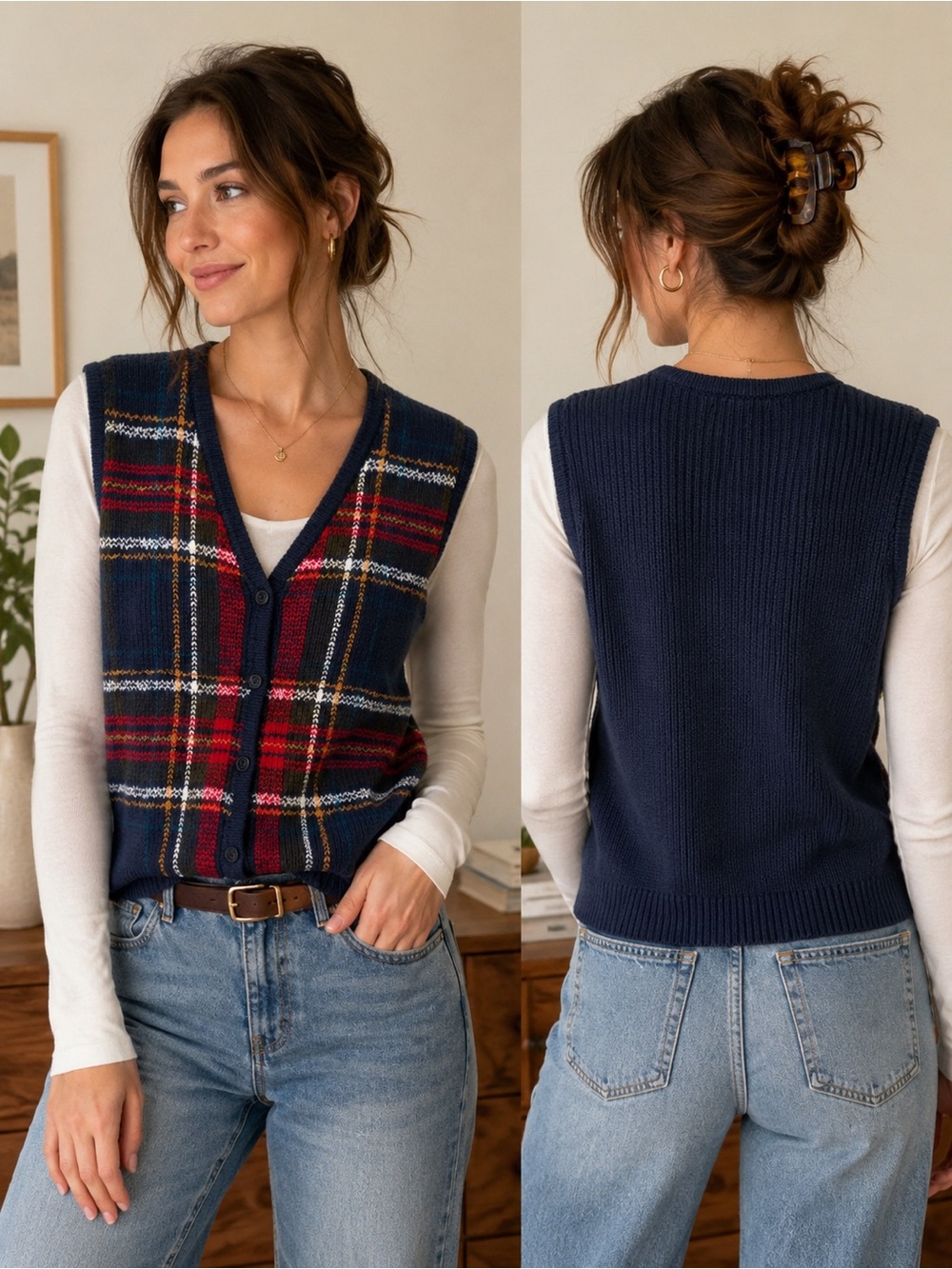 Vintage Cabin Creek Plaid Button Front Sweater Vest Size M Navy